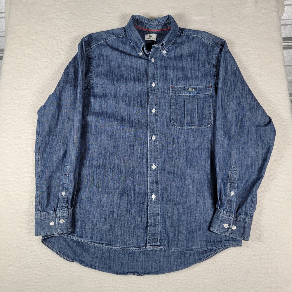 Lacoste Denim Shirt Mens Size 40 Blue Long Sleeve Button Down Crocodile Logo - Picture 3 of 9